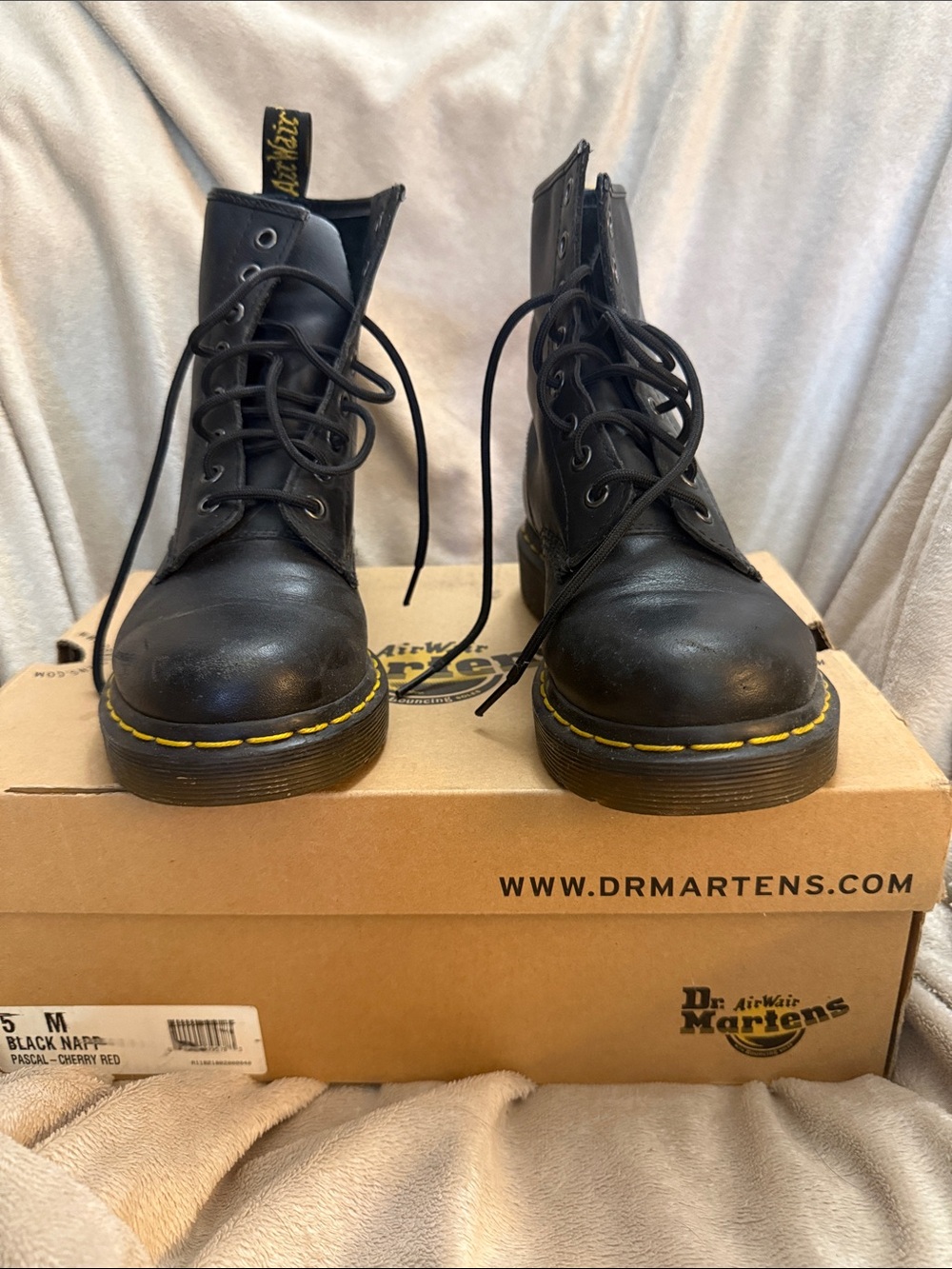 Dr. Martens Black Leather Lace-Up Boots with Yellow Stitching